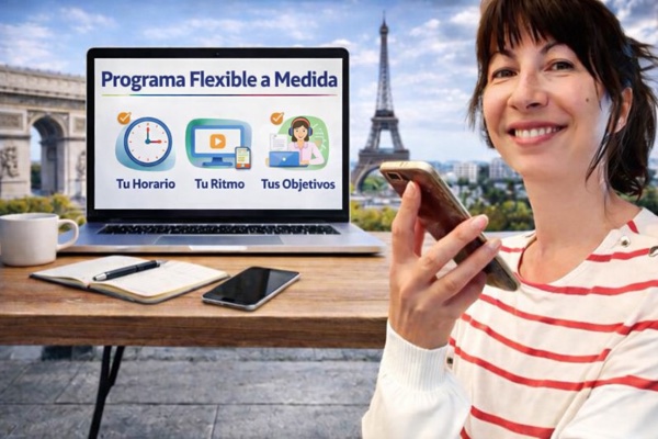 Alumna practicando francés desde el móvil, con símbolos de horario flexible y objetivos personalizados – Programa Flexible 1:1