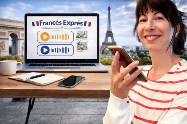 Audrey, profesora de francés, grabando un audio con su smartphone – programa Francés Exprés