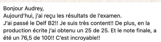 Mensaje WhatsApp: resultado del DELF B2, 25 sobre 25 en producción escrita